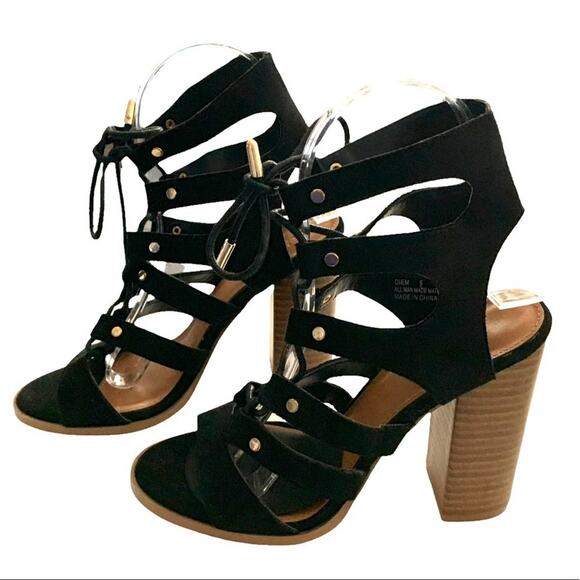 Charlotte Russe size 6 strappy laced chunky heels. Black faux suede - Picture 1 of 6